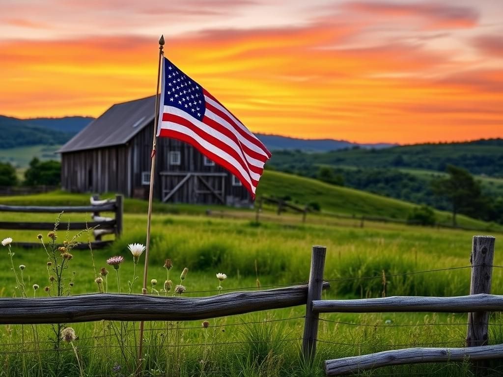 Flick International Serene landscape with an American flag in front of an old barn symbolizing patriotism