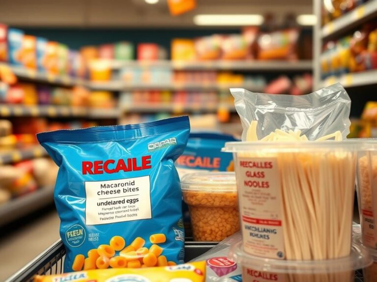 Flick International Close-up of colorful grocery store frozen food aisle featuring macaroni and cheese bites and glass noodles with recall notices