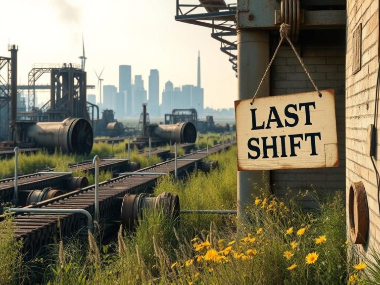 Flick International Abandoned manufacturing facility with overgrown weeds and rusty machinery