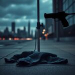 Flick International Close-up of a sidewalk with a microphone stand, discarded denim jacket, and a shadowy silhouette of a gun