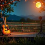 Flick International Rustic wooden stage under a starlit sky with an acoustic guitar and vintage microphone