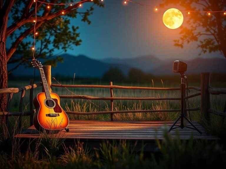 Flick International Rustic wooden stage under a starlit sky with an acoustic guitar and vintage microphone