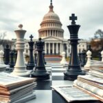 Flick International Large chessboard symbolizing a political battle with U.S. Capitol in the background