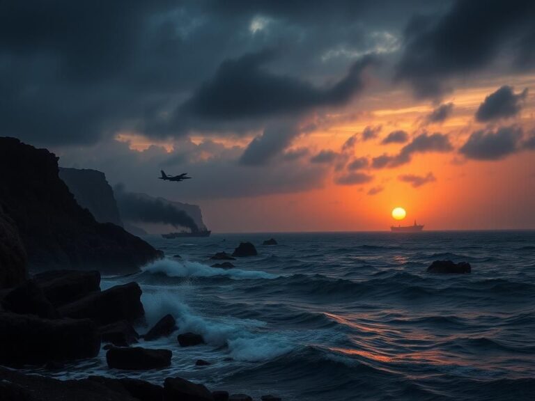 Flick International Dramatic military airstrike scene depicting turbulent waves and ominous skies in Yemen