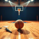 Flick International Close-up of a basketball bouncing on the hardwood floor with a WNBA hoop in the background