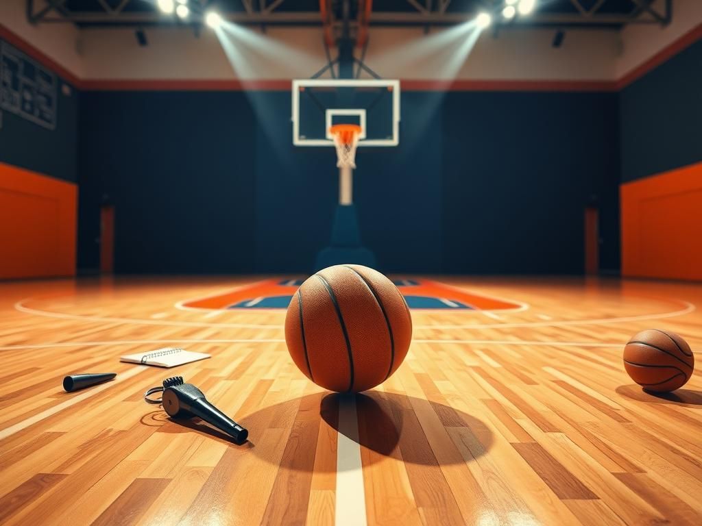 Flick International Close-up of a basketball bouncing on the hardwood floor with a WNBA hoop in the background