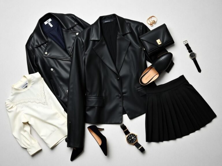 Flick International Stylish flat lay of black and white fashion items including a leather jacket, blouse, and mini skirt