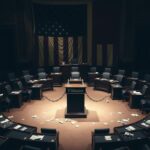 Flick International Symbolic representation of the U.S. Senate chamber with empty desks and dramatic lighting