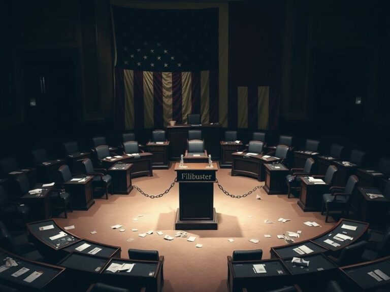 Flick International Symbolic representation of the U.S. Senate chamber with empty desks and dramatic lighting