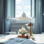 Flick International A serene hospital room with fresh white lilies and a lit candle symbolizing hope for Pope Francis.