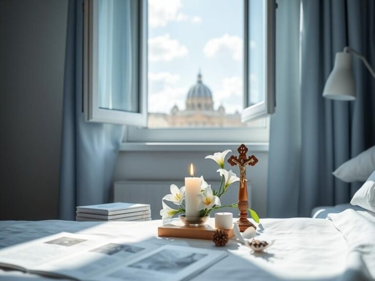 Flick International A serene hospital room with fresh white lilies and a lit candle symbolizing hope for Pope Francis.