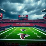 Flick International Empty football stadium field featuring the Atlanta Falcons logo and marked yard lines, with storm clouds overhead