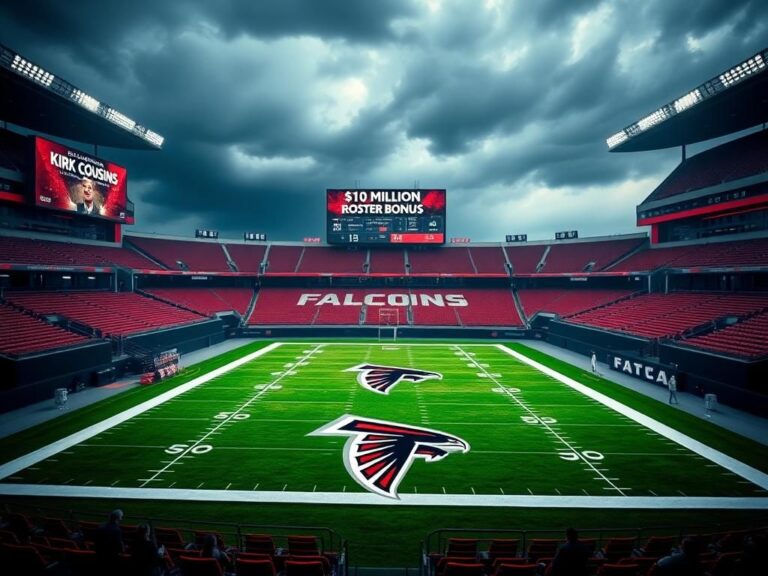 Flick International Empty football stadium field featuring the Atlanta Falcons logo and marked yard lines, with storm clouds overhead