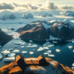 Flick International Aerial view of Greenland's rugged landscape with icebergs and a traditional house