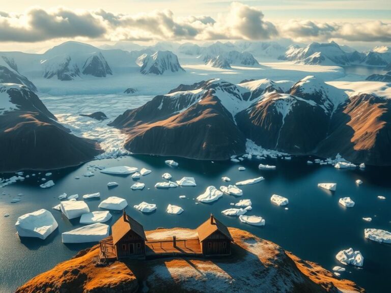 Flick International Aerial view of Greenland's rugged landscape with icebergs and a traditional house