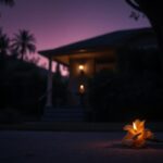 Flick International Somber twilight scene of a quiet Los Angeles estate with elegant home and flickering candle