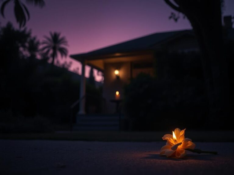 Flick International Somber twilight scene of a quiet Los Angeles estate with elegant home and flickering candle