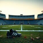 Flick International Empty football stadium with Pittsburgh Steelers and Los Angeles Chargers logos illuminated at twilight