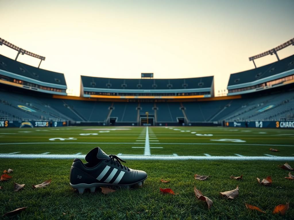 Flick International Empty football stadium with Pittsburgh Steelers and Los Angeles Chargers logos illuminated at twilight