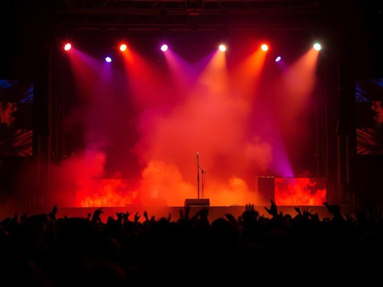 Flick International Empty concert stage with guitar stand and microphone, surrounded by colorful lights and smoke from an electrical fire