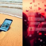 Flick International Split-screen image contrasting a serene beach scene with a smartphone in the sand and chaotic social media negativity