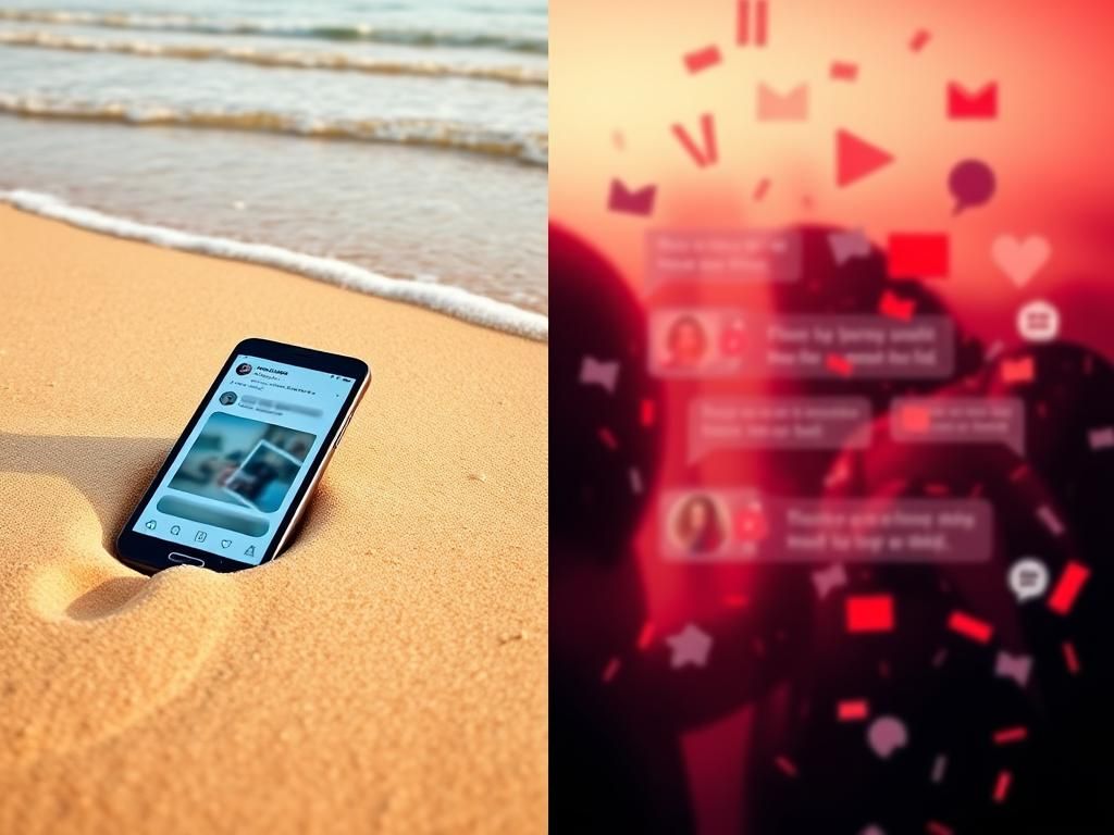 Flick International Split-screen image contrasting a serene beach scene with a smartphone in the sand and chaotic social media negativity