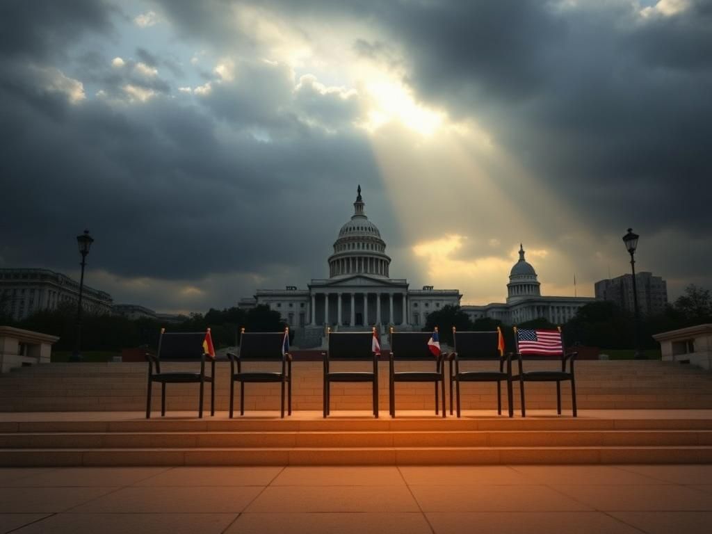 Flick International Seven empty chairs symbolizing freedom and hope on the steps of a historic building in Washington, D.C.