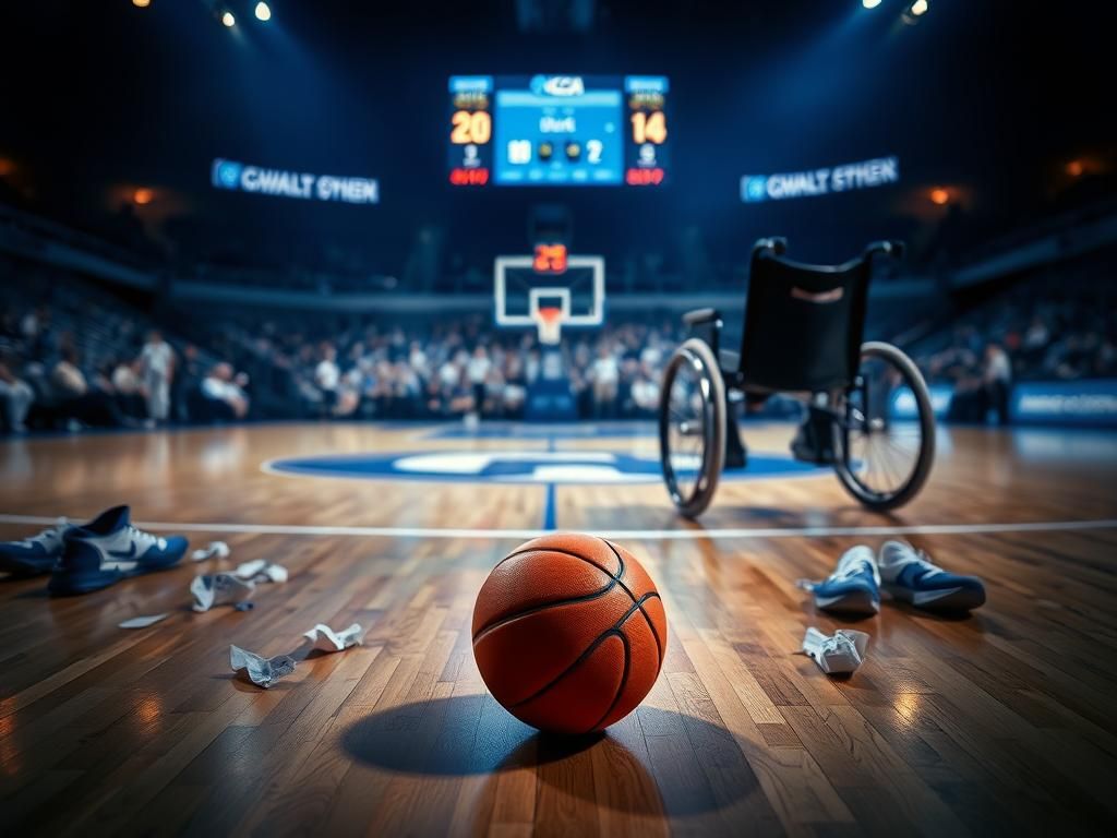 Flick International A dramatic basketball court scene highlighting a lone basketball, Duke team gear, and a wheelchair symbolizing Cooper Flagg's recent injury.