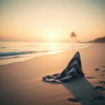 Flick International Abandoned beach towel on a serene dawn beach scene