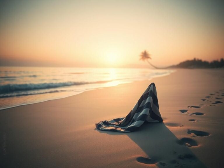 Flick International Abandoned beach towel on a serene dawn beach scene