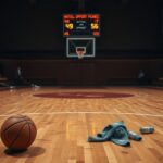 Flick International A dramatic scene on a high school basketball court after a playoff game, with scuff marks and a fallen basketball.