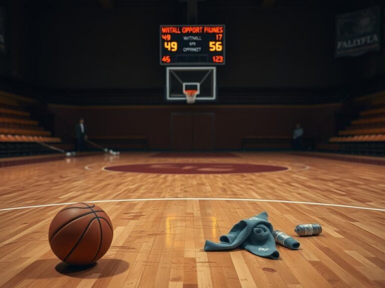 Flick International A dramatic scene on a high school basketball court after a playoff game, with scuff marks and a fallen basketball.