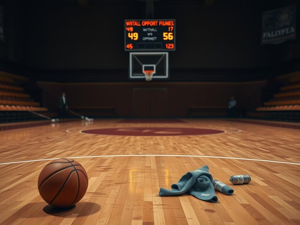 Flick International A dramatic scene on a high school basketball court after a playoff game, with scuff marks and a fallen basketball.