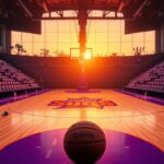 Flick International Vibrant basketball court under sunset with a basketball resting on the floor