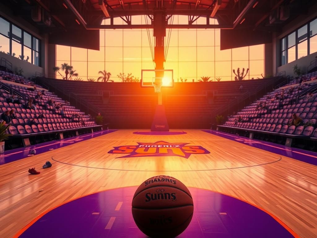 Flick International Vibrant basketball court under sunset with a basketball resting on the floor