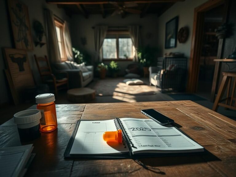 Flick International Dimly lit rustic New Mexico home interior with prescription bottle and cellphones