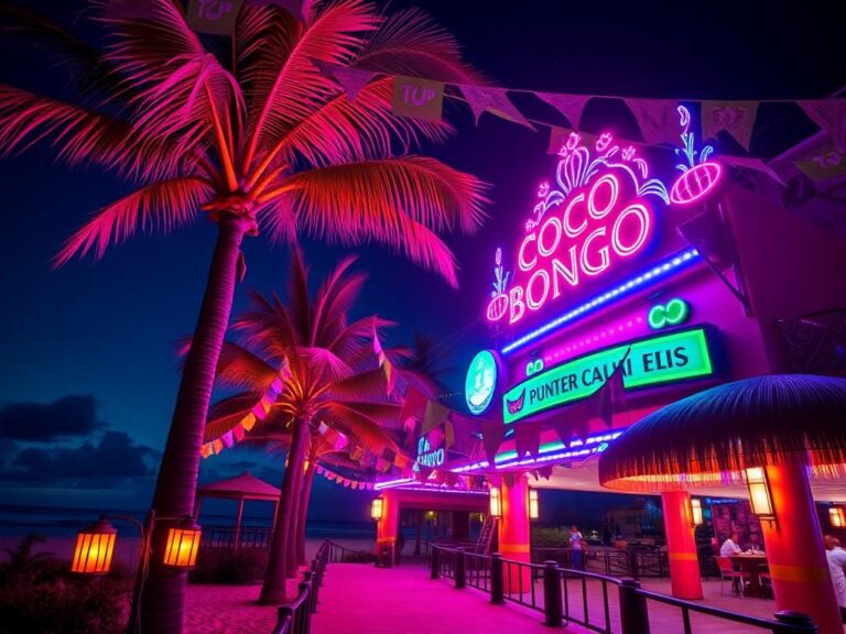 Flick International Lively nighttime scene of Coco Bongo nightclub in Punta Cana with colorful neon lights