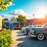 Flick International Vintage cars lined up at a car wash station.