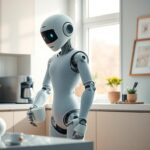 Flick International Humanoid robot assistant in a modern kitchen performing household chores