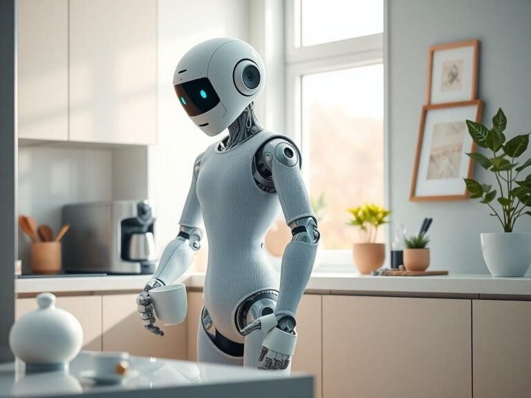 Flick International Humanoid robot assistant in a modern kitchen performing household chores