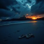 Flick International Empty South Carolina beach at twilight with abandoned flip-flop and looming storm clouds