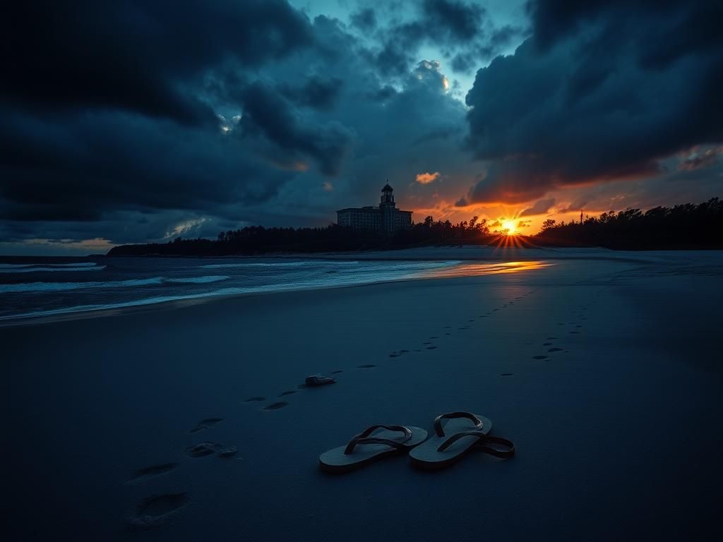 Flick International Empty South Carolina beach at twilight with abandoned flip-flop and looming storm clouds