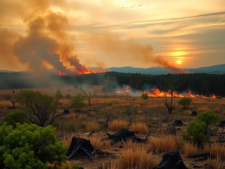 Flick International Dramatic scene of wildfires in North and South Carolina showing scorched earth and smoke plumes