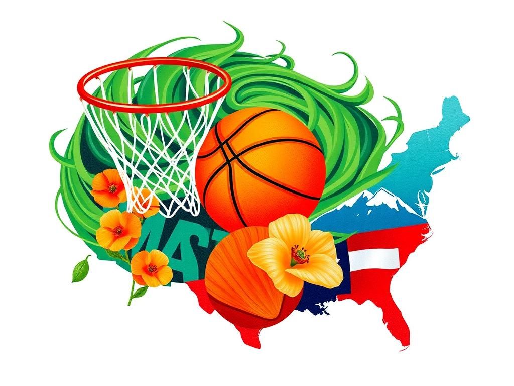 Flick International A vibrant collage representing American culture with basketball, famous flora, and state icons