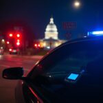 Flick International Night scene of an urban street in Cranston, Rhode Island, featuring a parked car with a breathalyzer device on the dashboard