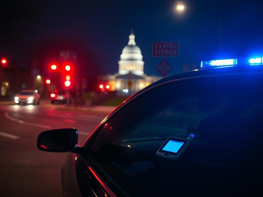 Flick International Night scene of an urban street in Cranston, Rhode Island, featuring a parked car with a breathalyzer device on the dashboard