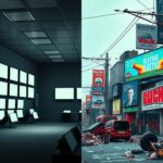 Flick International A split image contrasting a sterile room with identical screens and a chaotic street scene filled with colorful billboards