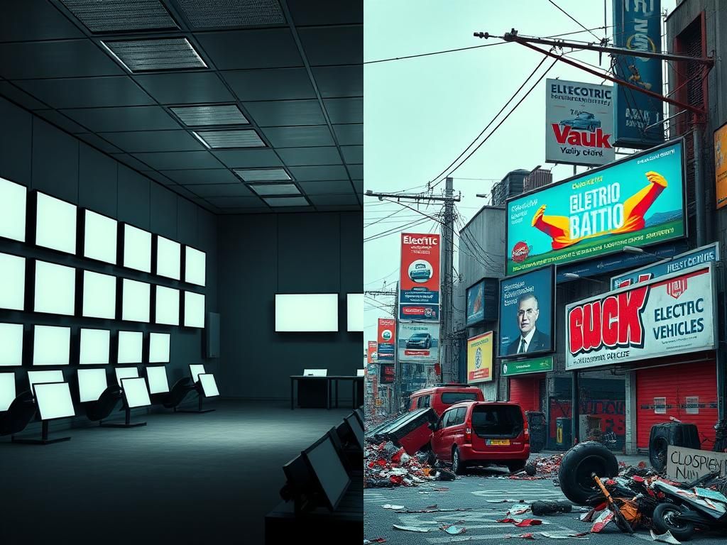 Flick International A split image contrasting a sterile room with identical screens and a chaotic street scene filled with colorful billboards