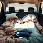 Flick International Cozy backseat setup for restful road trips with sleeping bag and travel accessories