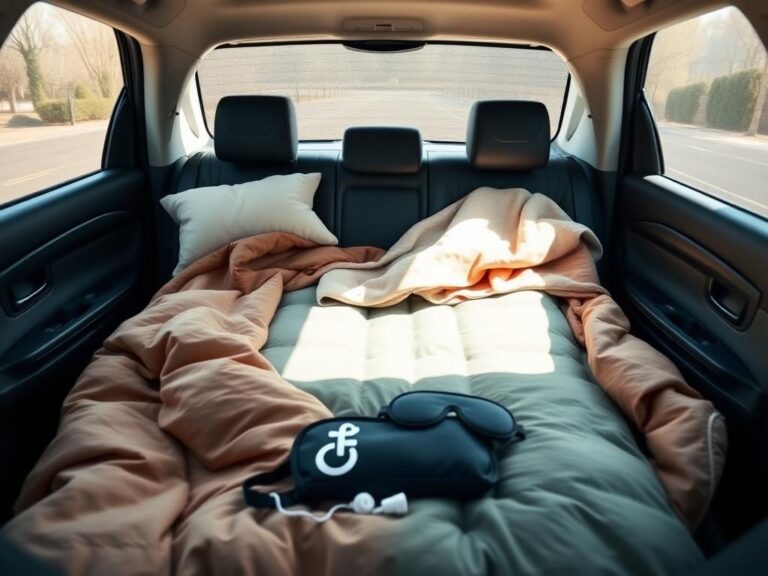 Flick International Cozy backseat setup for restful road trips with sleeping bag and travel accessories